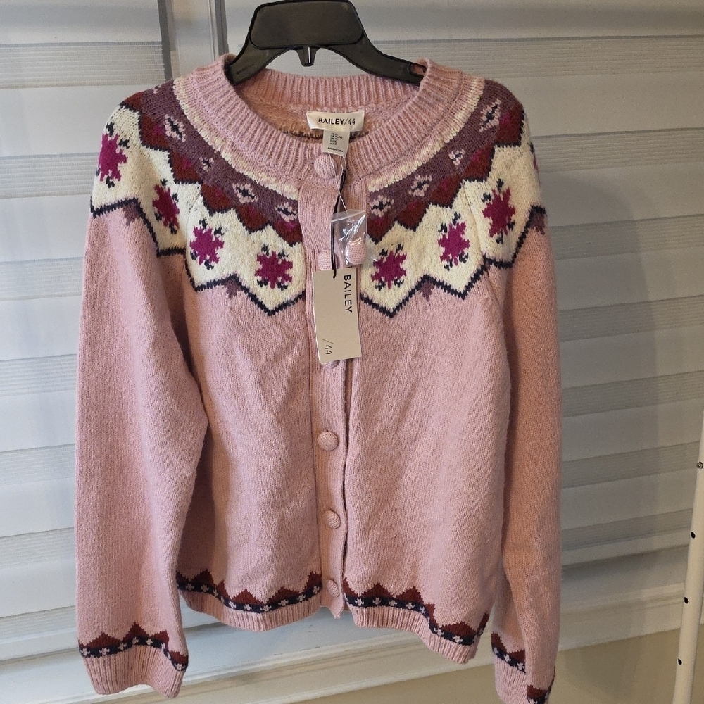 BAILEY 44 Pink Nordic Fair Isle Patterned Cardigan Size XL